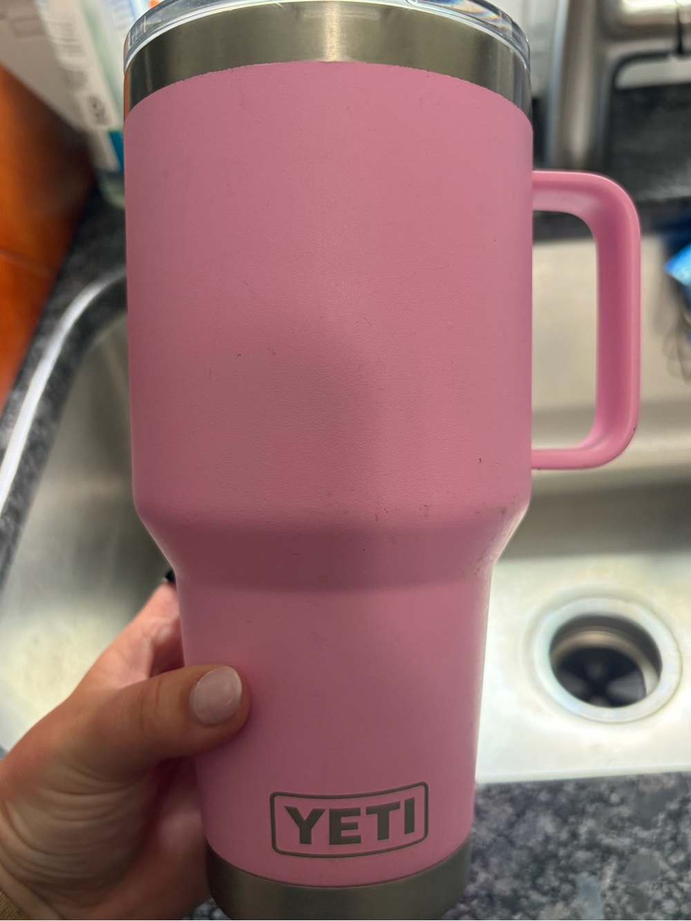 Pink yeti tumbler 35oz with handle and straw